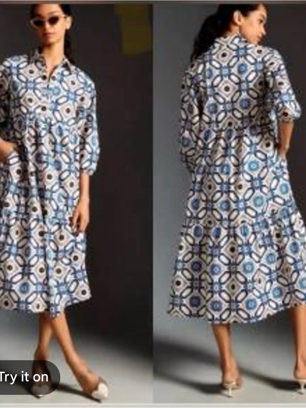 Maeve Blue and White Geometric Maxi Shirt Dress